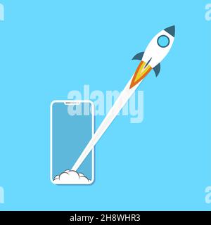 Lancez le concept d'application sur le smartphone en bleu. Banque D'Images