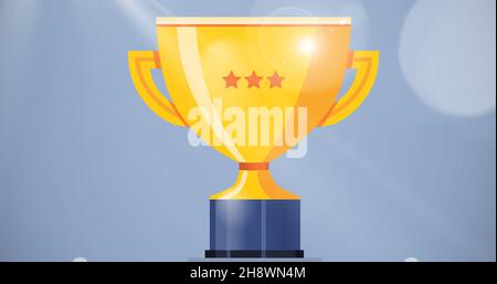 Image composite numérique de trophée doré brillant avec lentille sur fond bleu Banque D'Images