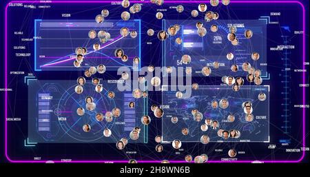 Image composite de personnes multiraciales avec connexions contre l'interface numérique Banque D'Images