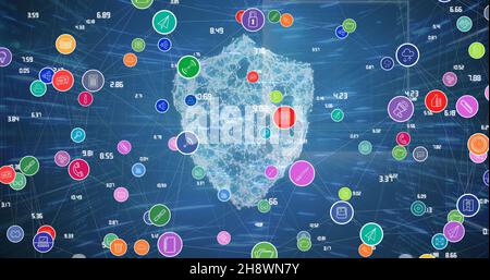 Image générée numériquement d'icônes connectées via un réseau informatique avec écran en arrière-plan Banque D'Images