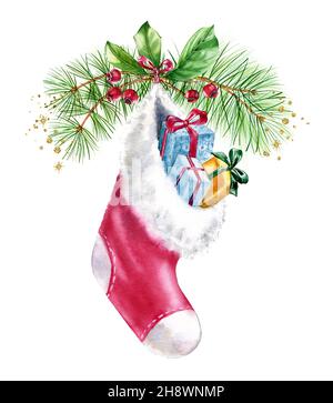 Cadeaux de Noël aquarelle dans un bas de Noël.Modèle de carte postale avec pin, cadeaux réalistes et papier doré à paillettes.Illustration vintage pour Banque D'Images