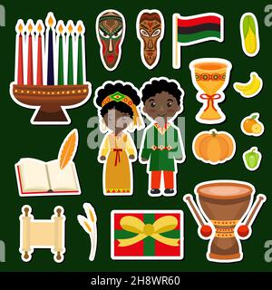 Kwanzaa autocollants patches badges ensemble.African American Holiday festival collection clip art main dessin style avec kinara, masques tribaux, tambour.Vecteur Illustration de Vecteur