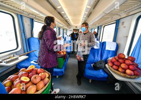 (211202) -- WEINING, 2 décembre 2021 (Xinhua) -- Un villageois vend des pommes sur le train 5647 reliant Zhaotong dans la province du Yunnan au sud-ouest de la Chine et Guiyang dans la province du Guizhou au sud-ouest de la Chine, 30 novembre 2021.En 2003, le train de 5648/5647 reliant la ville de Zhaotong, province du Yunnan au sud-ouest de la Chine, à la ville de Guiyang, province du Guizhou au sud-ouest de la Chine, a été mis en service.Avec une vitesse moyenne de 40 km/h, le train s'arrête à 18 stations en chemin.Le trajet complet de 407 km dure 9 heures et 31 minutes.Les villageois locaux considèrent le « train de basse vitesse » comme un moyen rentable et fiable Banque D'Images