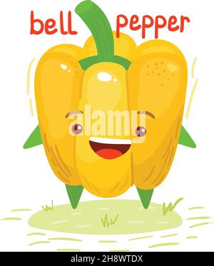 Mignon, dessin animé, nourriture kawaii, poivre.Image vectorielle isolée d'un poivron jaune, d'un poivron, d'un légume Illustration de Vecteur
