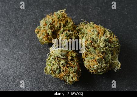 Souche GG4 (Gorilla Glue).Fleurs de cannabis séché, vue macro, gros plan.La marijuana médicinale fleurit avec des trichomes sur fond noir. Banque D'Images