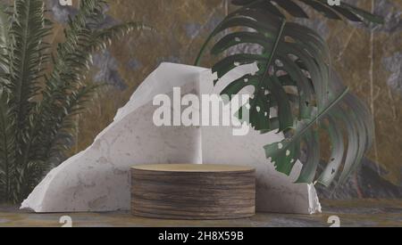 table de texture en marbre et écran de produit de mur de feuilles vert arrière-plan.3d perspective studio photographie stand.banner mokc up espace pour le produit de présentation Banque D'Images