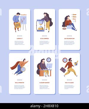 Gestion du temps à bord.Bannières verticales sur l'écran du smartphone avec les personnes de planification d'entreprise auto-organisation contrôle quotidien des travaux Garish modèles vectoriels Illustration de Vecteur
