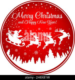 Le Père Noël vole dans le ciel au-dessus de la forêt en traîneau tiré par des rennes.Icône de Noël circulaire.Vecteur Illustration de Vecteur