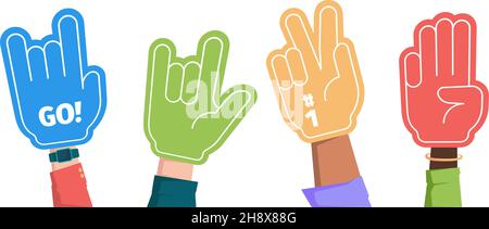 Fans de sport.Foule mains gestes gants mousse doigts soutenant l'équipe Garish Vector Flat illustrations collection Illustration de Vecteur