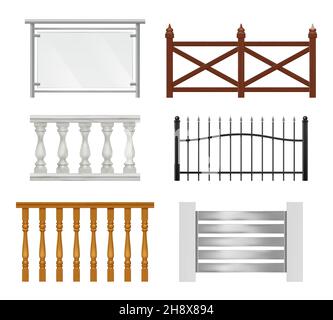 Garde-corps architectural.Sections en bois en métal ou en verre pour balconnet barres de piliers décoration vecteur collection réaliste Illustration de Vecteur