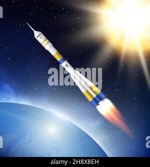 Fusée dans l'espace.Fusée aérienne dans la stratosphère cosmos avec de grandes planètes futuristes et des étoiles vecteur décent fond réaliste Illustration de Vecteur