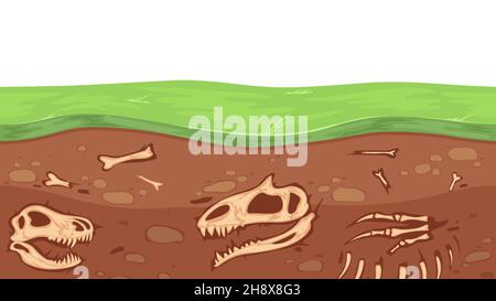 OS de paléontologie.Archéologie, squelette de dinosaure souterrain et crâne.Illustration vectorielle des couches de sol Illustration de Vecteur