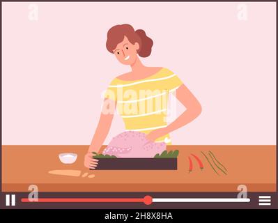 Femme cuisinier dinde.Dîner de Thanksgiving tutoriel en ligne, Web école culinaire.Fille de Blogger de nourriture ou vlogger, Internet en direct de canal vecteur Illustration de Vecteur