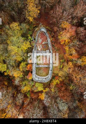 Oftringen, Suisse - 01 novembre 2020 : les ruines de l'ancien fort d'Alt Wartburg parmi les arbres forestiers d'automne colorés par photographie aérienne par drone Banque D'Images