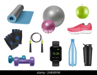 Appareils de fitness réalistes.Symboles de sport pour un style de vie sain articles 3d pour la salle de gym haltères sauter corde pomme eau bouteilles Sneakers décente vecteur Illustration de Vecteur