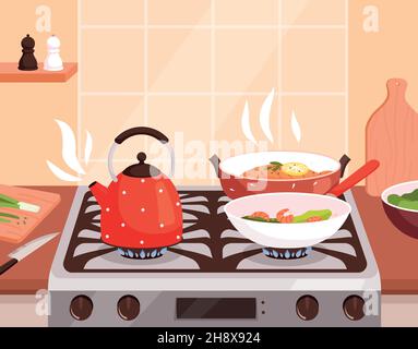 préparer des aliments dans une poêle à frire et des casseroles sur la  cuisinière à gaz de la cuisine. concept de cuisine maison 9398235 Photo de  stock chez Vecteezy