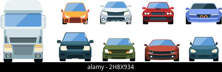 Vue avant du véhicule.Différence de transport photos pick-up cabriolet vitesse véhicules camion minifourgonnette garish illustrations vecteur ensemble Illustration de Vecteur