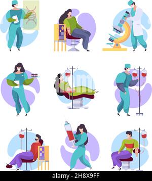 Don médical.Les gens qui aident d'autres patients de don de sang assis sur un canapé garish collection d'illustrations vectorielles Illustration de Vecteur