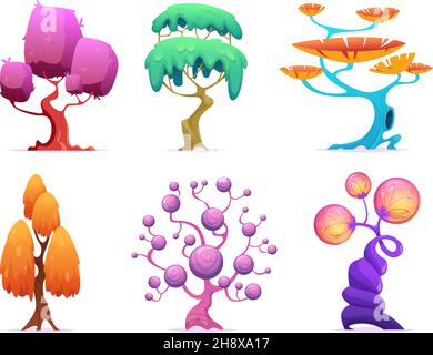 Arbre fantaisie.Jardin de conte de fées plantes forêt lumineux nature magie symboles exact vecteur collection de dessins animés isolée Illustration de Vecteur