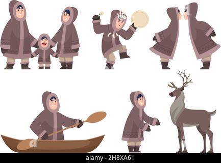 Personnages esquimaux.Personnages traditionnels ethniques authentiques froid de la famille alaska exact vecteur caricature heureux personnes isolées Illustration de Vecteur