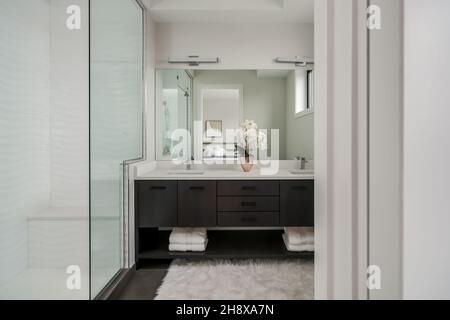 Salle de bains moderne blanche avec douche à porte vitrée, armoires sombres, meuble-lavabo double avec grand miroir Banque D'Images