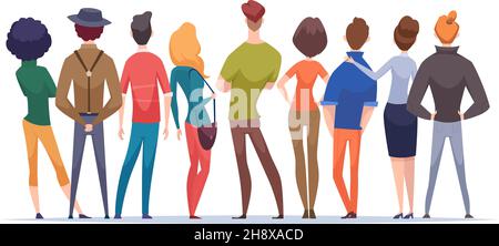 Vue arrière des groupes de personnes.Adolescents debout foule personnes avec routards homme et femme ensemble exact vecteur dessin animé fond Illustration de Vecteur