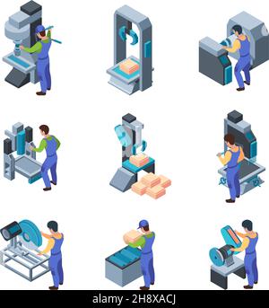 Travailleurs de machines-outils.Ingénieurs d'usines lourdes production de technologie métallique fraisage procédés de perçage grenier collection isométrique Illustration de Vecteur