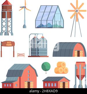 Bâtiments ruraux.Ferme agricole collection maisons en bois et différents véhicules professionnels entrepôt moulin à vent garish vecteur ensemble de dessins animés Illustration de Vecteur