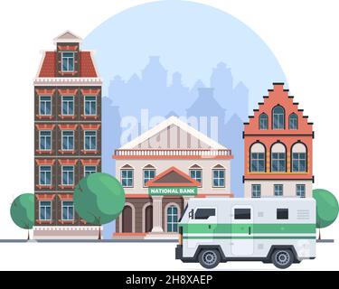 Banque de voitures.Véhicule collecteur argent liquide chargement services de financement garache vecteur dessin animé arrière-plan blindé transport illustration Illustration de Vecteur