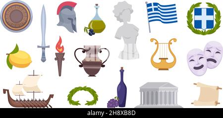 Grèce objets.Monuments et symboles grecs anciens traditionnels drapeau authentique bateau à vin olivier photos vecteur exact pour les voyageurs Illustration de Vecteur