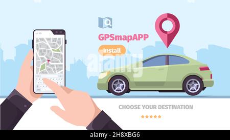 Navigation dans la ville.GPS technics route visualisation urbaine géographie concept voyageurs fond grenat vecteur illustration plate Illustration de Vecteur