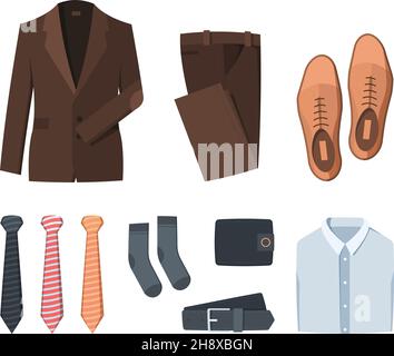 Vêtements de travail.Élégant homme textile vêtements et accessoires chemise pantalon chaussettes chaussures ceinture guirlande vecteur plat illustrations collection isolé Illustration de Vecteur