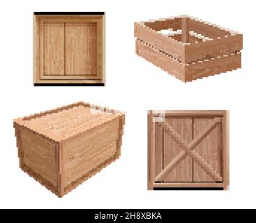 Caisses en bois.Conteneurs de fret ouverts et fermés pour les paquets de cadeaux fragiles avec des textures en bois vecteur décent illustrations réalistes Illustration de Vecteur