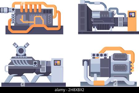 Générateur industriel.Les jerricane d'acier alimentent l'électricité pour les ballons types de générateurs d'entretien garish vecteur machines plates Illustration de Vecteur