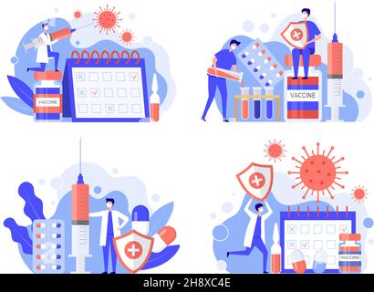 Concept de vaccination.Covid prévention médicaments pharmaceutiques et antibiotiques caractères de santé vecteur récent des scènes médicales illustrations Illustration de Vecteur