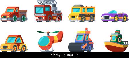 Jouets véhicules.Mini voitures de transport bateaux avions bus camions garish vector dessins animés collections pour le plaisir des enfants Illustration de Vecteur