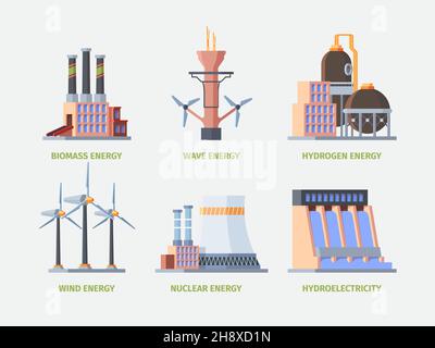 Centrale électrique.Power hydro énergie construction industrielle électricité usine station grenat vecteur plat images ensemble Illustration de Vecteur