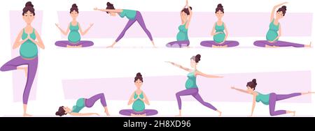 Femme enceinte de yoga.Sport pose les personnages détendus yoga récréation pose exact vecteur illustrations ensemble Illustration de Vecteur