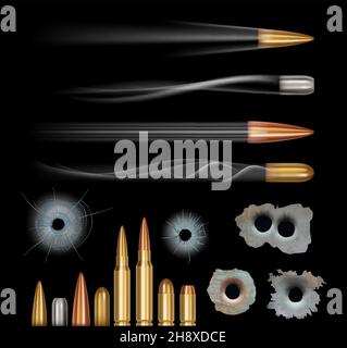 Trous de balle.Balles réalistes, surface fissurée.Ensemble de vecteurs de chasseurs et de pistes de vol Illustration de Vecteur