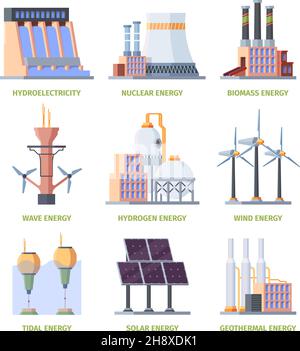 Usine d'électricité.Les usines industrielles les bâtiments les systèmes hydro la station électrique garish les modèles de vecteur plat Illustration de Vecteur