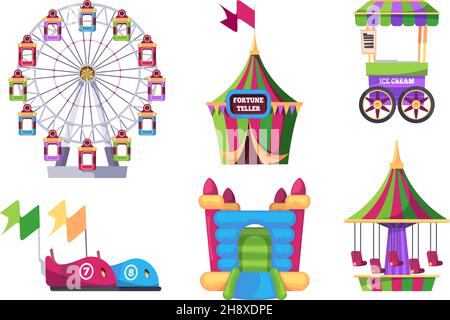 Parc d'attractions.Attraction en plein air pour enfants balançoires machines de jeu catapulte carrousel gonflable trampoline grenat grenat illustrations plates vectorielles Illustration de Vecteur