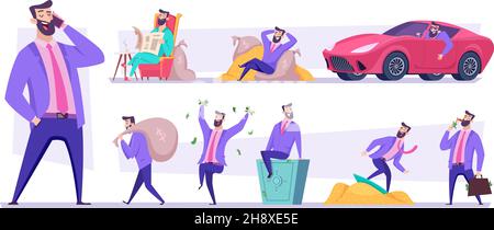 Riche homme d'affaires.Dollar millionnaire heureux tenant de l'argent et des pièces d'or dans divers pose exact vecteur personnages d'affaires de dessin animé Illustration de Vecteur
