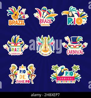 Logo Rio.Brésil festival couleurs badges muzical fiesta samba parade instrument de musique vecteur récent collection d'illustrations Illustration de Vecteur