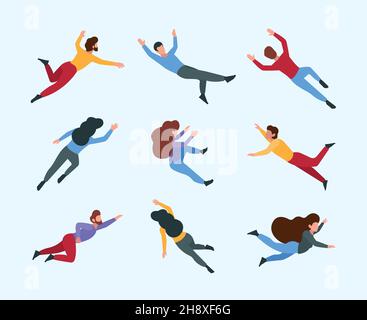 Personnes volantes.Déplacer et rêver des gens en action pose dormir et imagination espace gravité liberté concept garache vecteur dessin animé stylisé Illustration de Vecteur