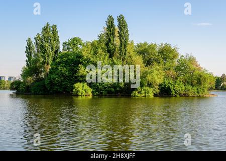 Paysage avec une île verte sur le lac Herastrau dans le parc du Roi Michael I à Bucarest, en Roumanie, dans une journée ensoleillée de printemps Banque D'Images