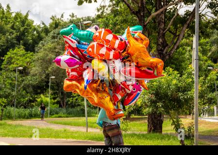 Goias, Brésil – 1er décembre 2021 : le vendeur de ballons dans un parc.Une personne tenant plusieurs ballons qui cachent son corps entier. Banque D'Images