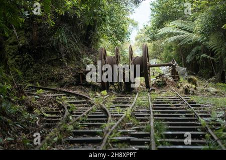 Voie ferrée abandonnée, piste de randonnée minière d'or de te Aroha Mountain, Nouvelle-Zélande Banque D'Images