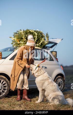 Femme avec chien près de la voiture avec arbre de Noël sur la nature Banque D'Images