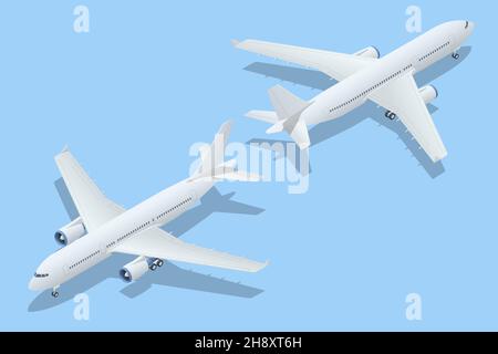 Avions isométriques sur fond bleu.Projet industriel d'avion.La doublure d'air A-320 en haut Illustration de Vecteur