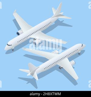 Avions isométriques sur fond bleu.Projet industriel d'avion.Doublure d'air en haut.Avion E-Jet Illustration de Vecteur